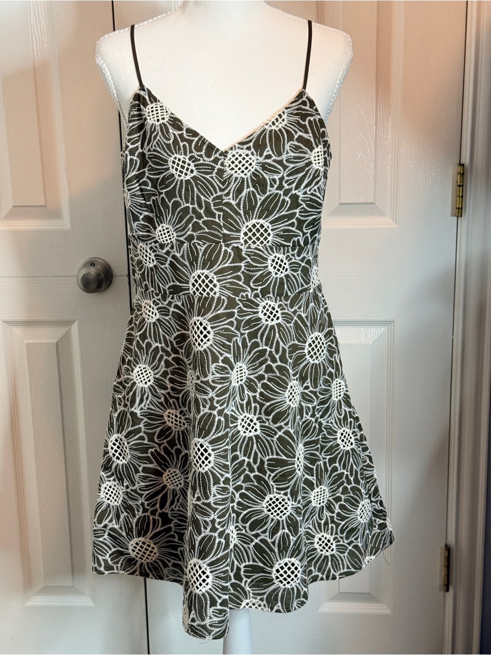 Express Olive Green White Floral Embroidered Sundress Medium